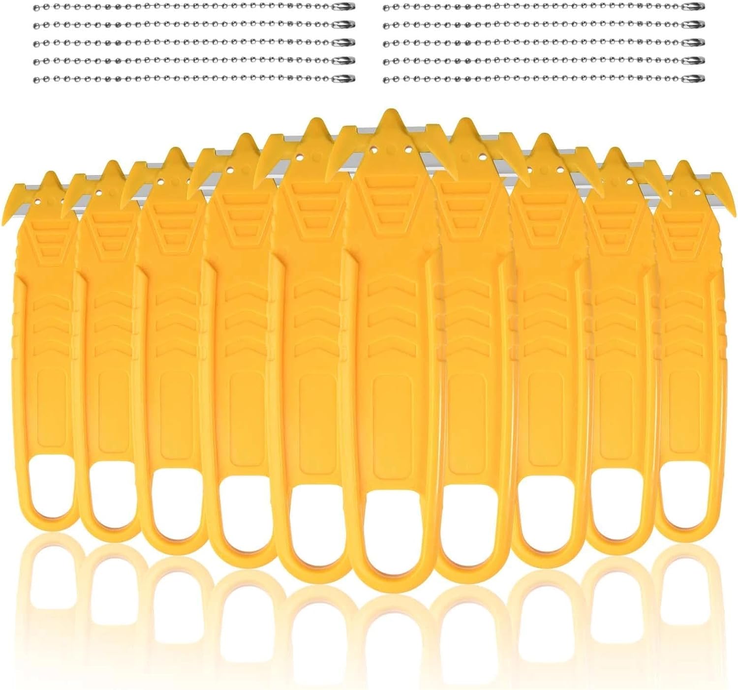 10-Pack Yellow Safety Box Cutters with 10 Silver Bead Chains, Concealed Blade Package Opener for Cartons, Tape, Shrink Wrap, Ergonomic Non-Slip Grip, No-Scratch Design