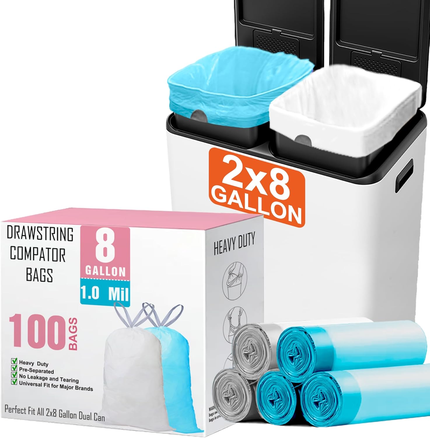 8 Gallon Trash bags for Dual Compartment Can (2 x 8 Gallon) 100 Count 1.0 Mil Thickness Drawstring Kitchen Garbage Liner Pre-Separated Compatible with Liner Code 30A Blue White Kit
