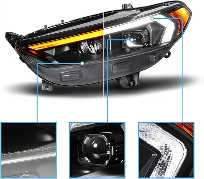 AmeriLite for 2013-2016 Ford Fusion Switchback LED Signal Square Projector Headlight Set - Passenger and Driver Side