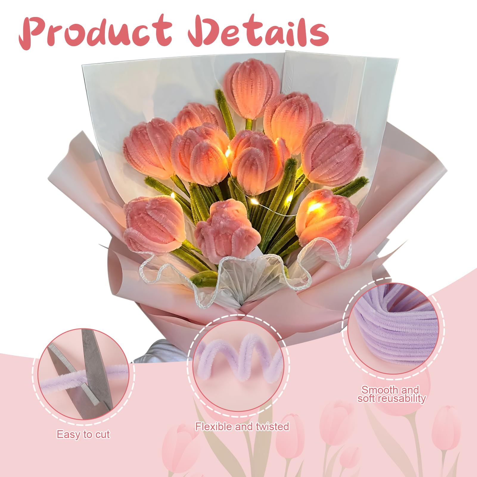 Pfeifenreiniger Blumen Set 350 Stück - Kreatives Bastelset Mit 7 Farben, Blumendraht, Schleifenband Und Zubehör Für DIY Blumensträuße Und Deko (Lila Töne)