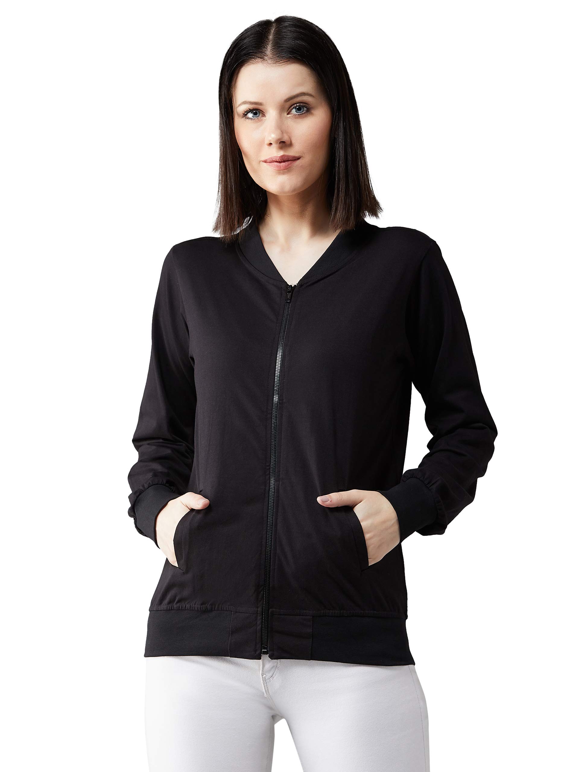 dolce crudo Women's Black 100% Cotton Solid Bomber Jacket-picture-17