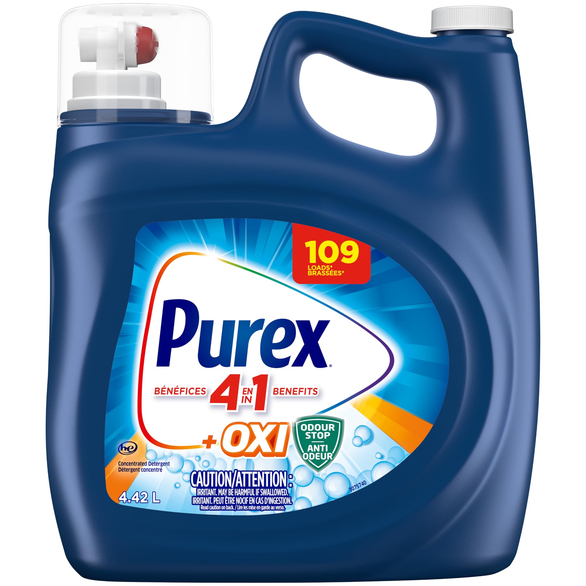 Purex Plus Oxi, Concentrated Liquid Laundry Detergent with 4in1 benefits, Tough on Stains, Brightens and Whitens Clothes, 4.42L, 109 Wash Loads, HE Compatible - 1