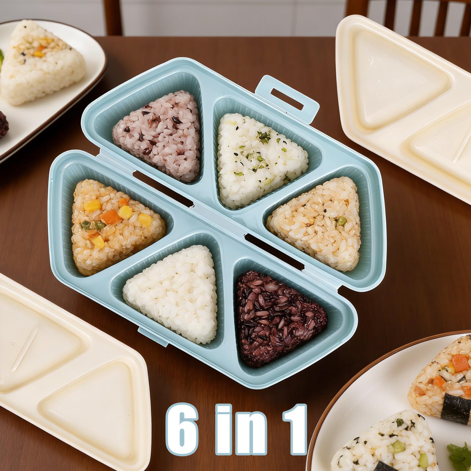 Forma do Onigiri 6 w 1, Trójkątna Forma Kulek Ryżowych Sushi Przenośna do Robienia Onigiri Pojemnik Przechowywania for Musubi z Wodorostów (Niebieski)