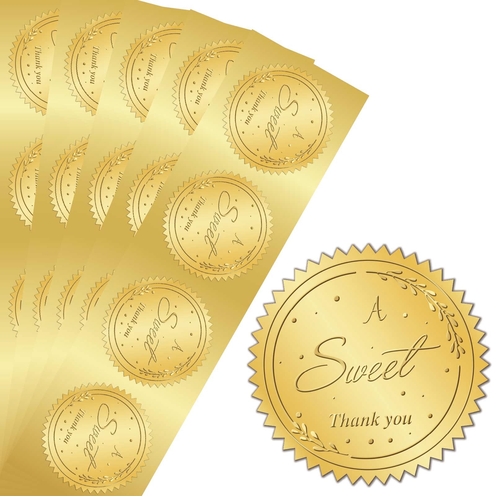 PRESSINART 100Pcs 2 Inch A Sweet Thank You Gold Stickers Gold Foil Embossed Seals Round Self Adhesive Embossing Medal Decoration for Envelopes Certificates Wedding Party Invitations Greeting Card