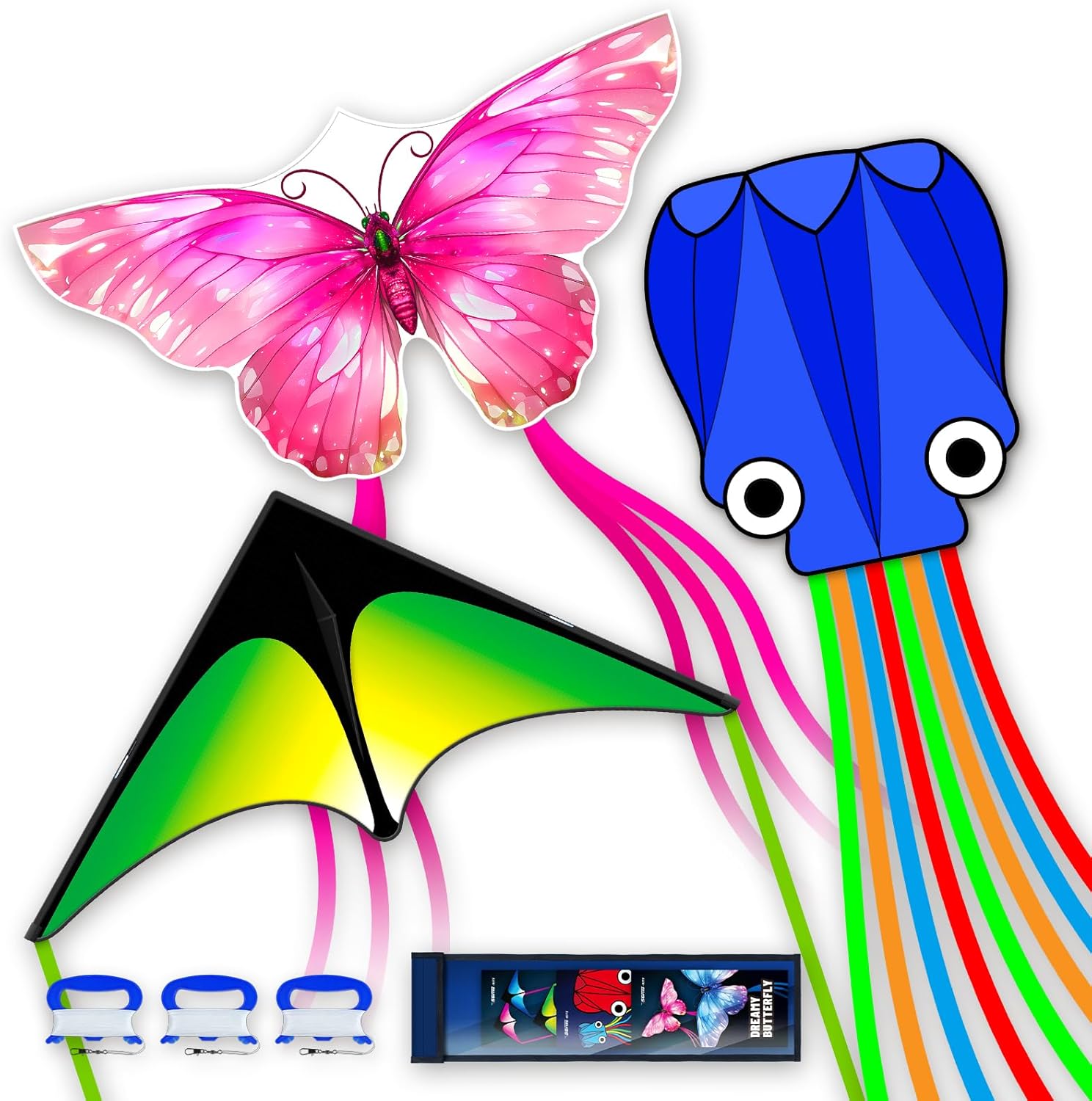 SGftre 3 Piece Set Butterfly Delta Octopus Kites for Kids