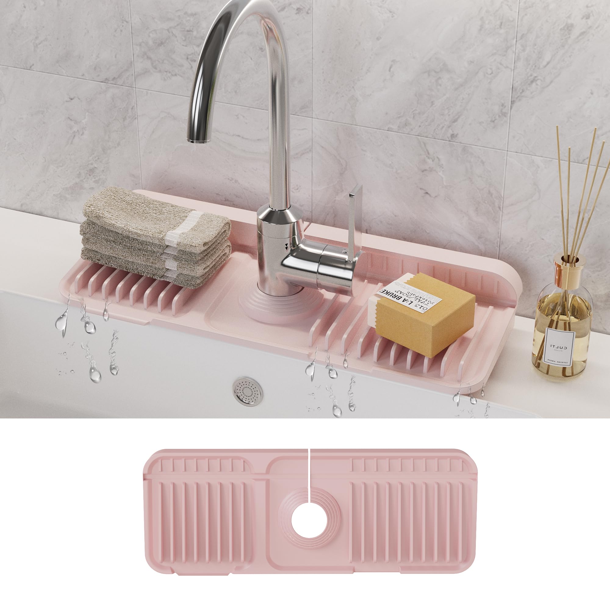 WAFT YEARN 14X5 Inch Silicone Durable Faucet Mat Kitchen Sink Splash Guard Draining Protector Tray Liner Absorbent Protective Counter Accessories For Sink Kitchen Bathroom Laundry Room Bar &amp; RV Pink