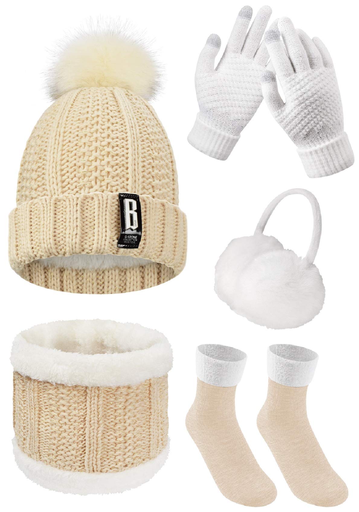 Ensemble Bonnet Écharpe Gants Cache-Oreilles Chaussettes 5 En 1 Hiver
