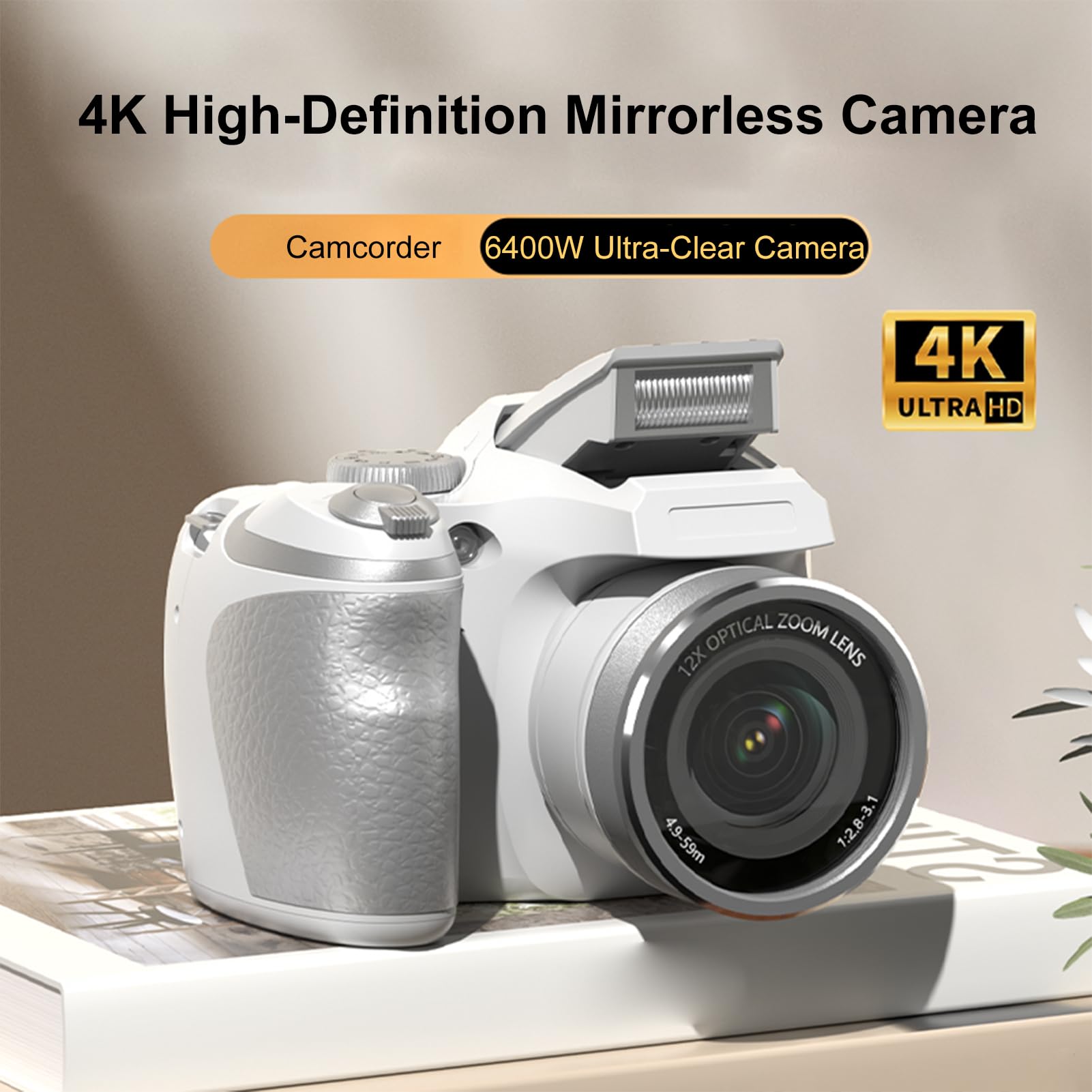 Bewinner Fotocamera Digitale 4K per Fotografia, Fotocamere Vlogging da 60 MP con Schermata da 2,88 ", Zoom Ottico 12x, Videocamera Video Autofocus per Principiante (WHITE)