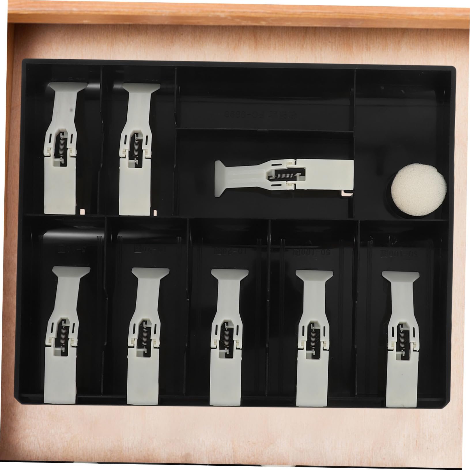 Scatola Portamonete Multi-scomparto in Plastica Nera per Cassa di Negozio, Organizer per Banconote con Chiusure a Clip e Meccanismo di Accesso Rapido