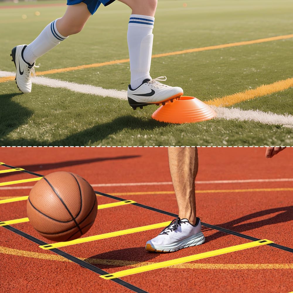 Set di Allenamento E Agilità, Kit Allenamento Calcio Scaletta Calcio, 6 Metri Scala di Allenamento, Scaletta Calcio Allenamento con 12 Coni E 4 Paletti per Allenamento di Coordinazione
