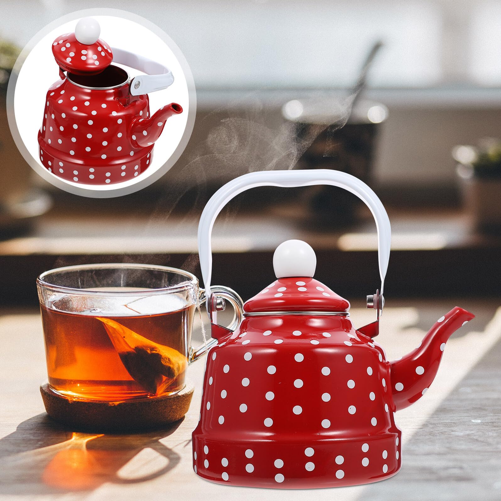 Uonlytech Théière Émaillée Rouge 1l avec Filtre Inoxydable, sans Goût, Pratique et Élégante pour Fête Personnelle ou Cadeau de Pendaison de Crémaillère