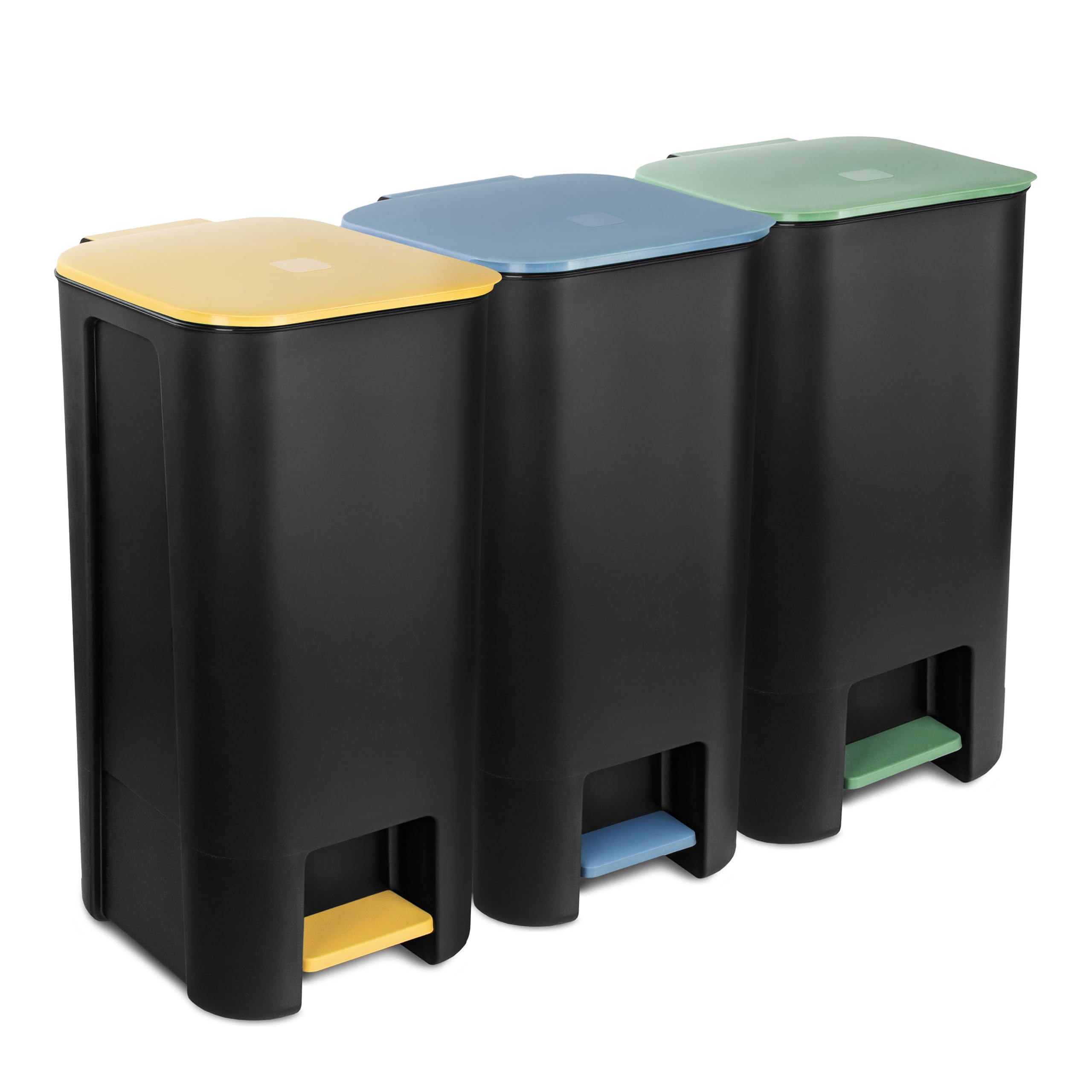 Treteimer Set 3x 40L, Tretmülleimer mit Pedal, Gelb, Grün, Blau Mülleimer, Mülltrennsystem für Papier, Kunststoff und Glas, Küchenmülleimer Recycling, mit Farbdeckel, Küche