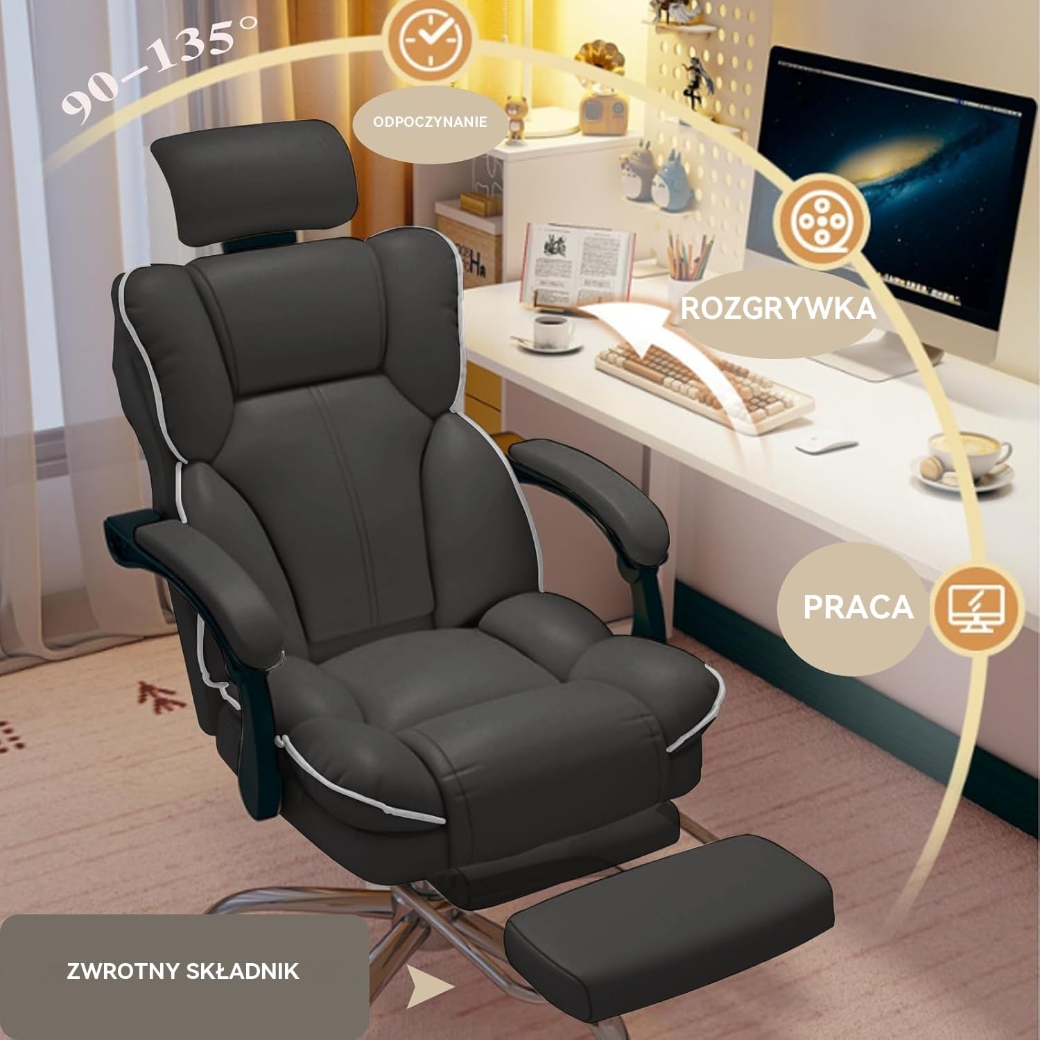 Krzesło Biurowe z Zagłówkiem - Wysokie Krzesło Wykonawcze z Podnóżkiem i Ergonomicznym Wsparciem Lędźwiowym - Krzesła Komputerowe i Gamingowe do Domowego Biura(Czarny)