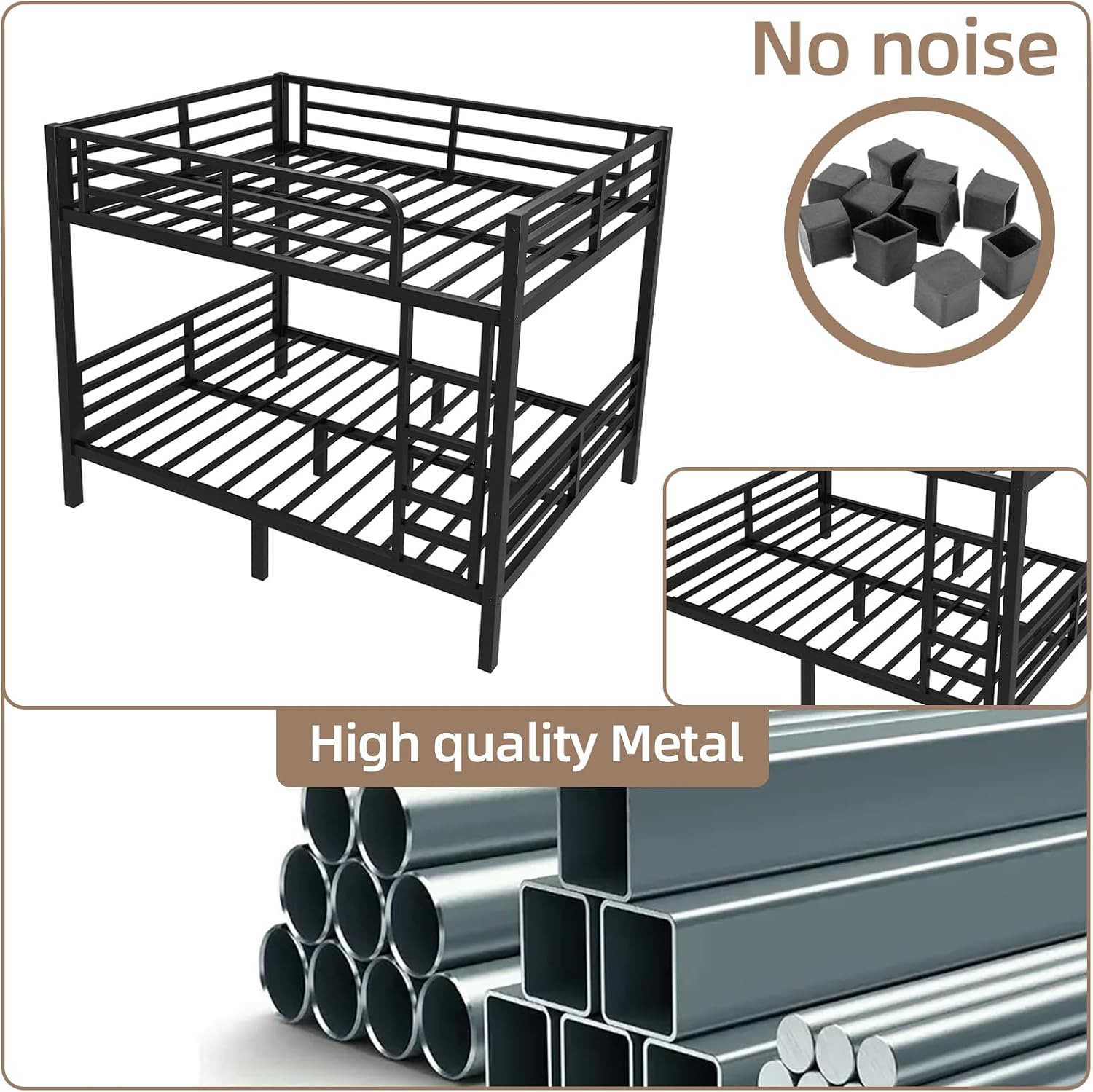 Image showing the bunk bed with text 'No noise' and 'High quality Metal', along with an image of metal pipes.