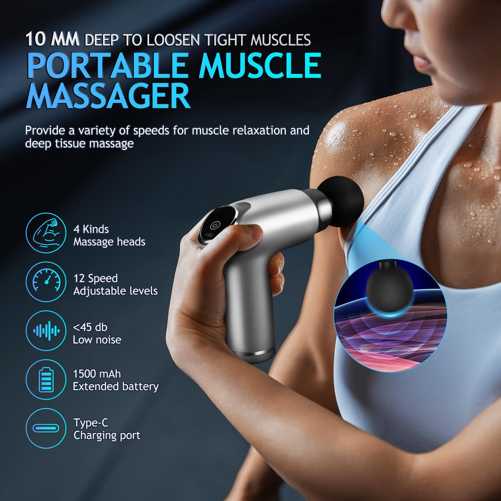 Massaggiatore Muscolare Elettrico Portatile Velocità Regolabile, Dispositivo per Rilassamento Muscolare Compatto e Silenzioso, Massaggiatore per Sportivi e Uso Quotidiano