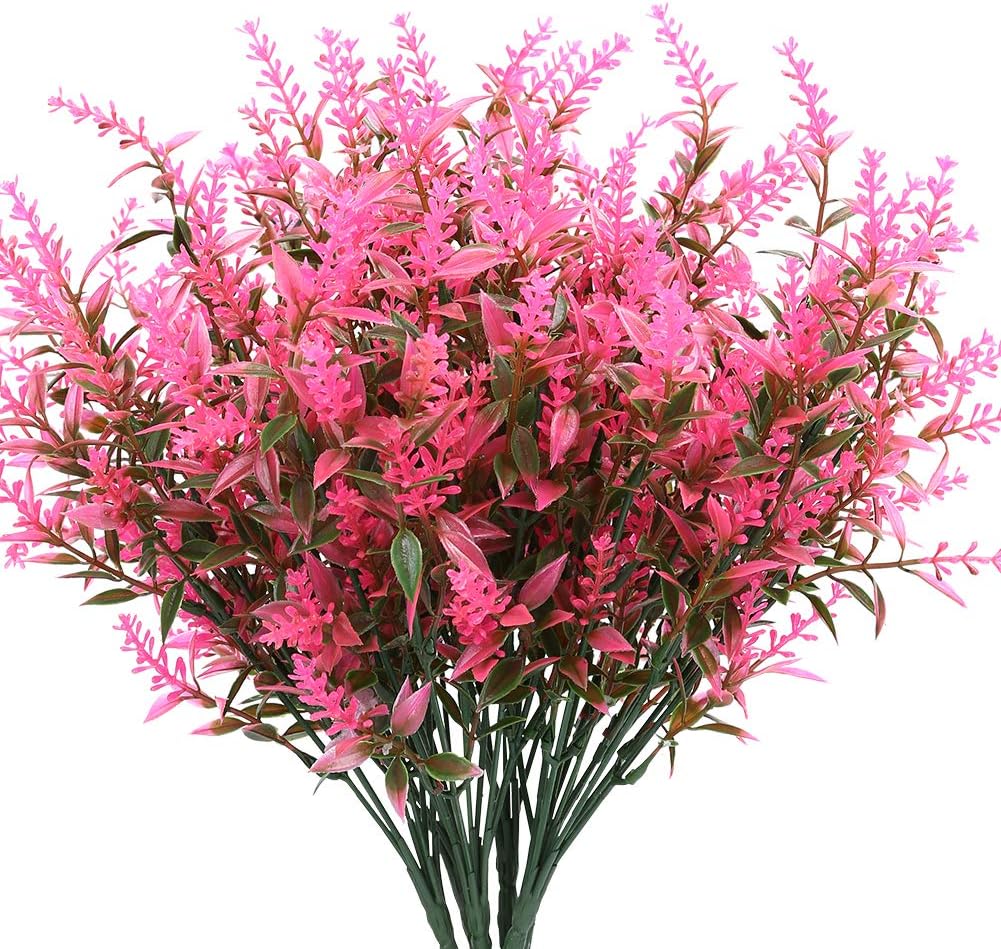 KLEMOOArtificial Lavender Flowers Plants 6 Pieces, Lifelike UV Resistant Fake Shrubs Greenery Bushes Bouquet to Brighten up Your Home Kitchen Garden Indoor Outdoor Decor(Pink)