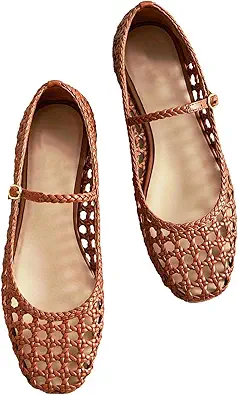 Woven Mesh Ballet Flats for Women with Metal Buckle Strap Ballerina Flat Shoes Comfortable Round Toe Mary Jane Flat.