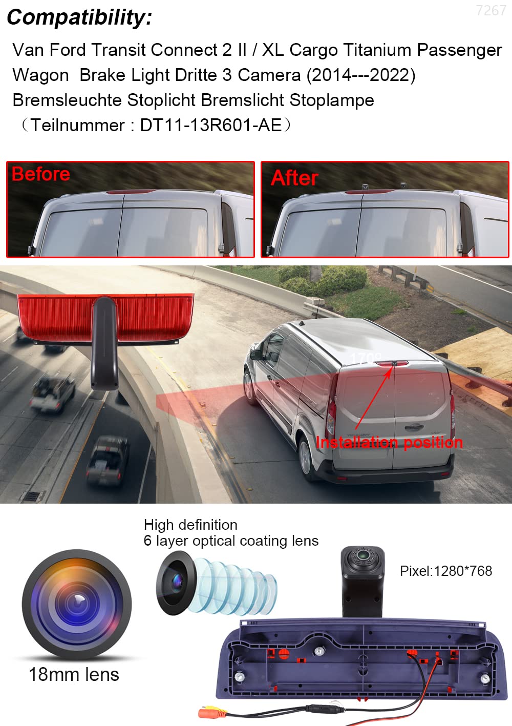 7-calowy kolorowy wyświetlacz TFT LCD + Super HD noktowizor kamera cofania do Ford Transit Connect 2 II/XL Cargo Titanium Passenger (2014-2022) Van światło hamowania, światło stopu