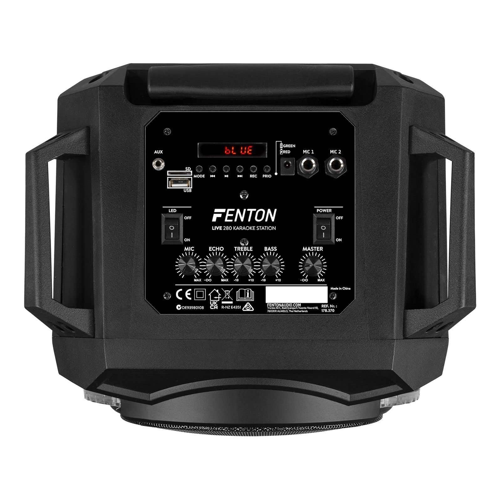 Fenton LIVE280 Karaoke Anlage mit 2 Mikrofonen, Akku - 900W, LED Partybox Bluetooth Lautsprecher Groß, Musikbox Groß, Mobiler Party Lautsprecher, Karaoke Maschine, MP3 - USB - SD - Schwarz