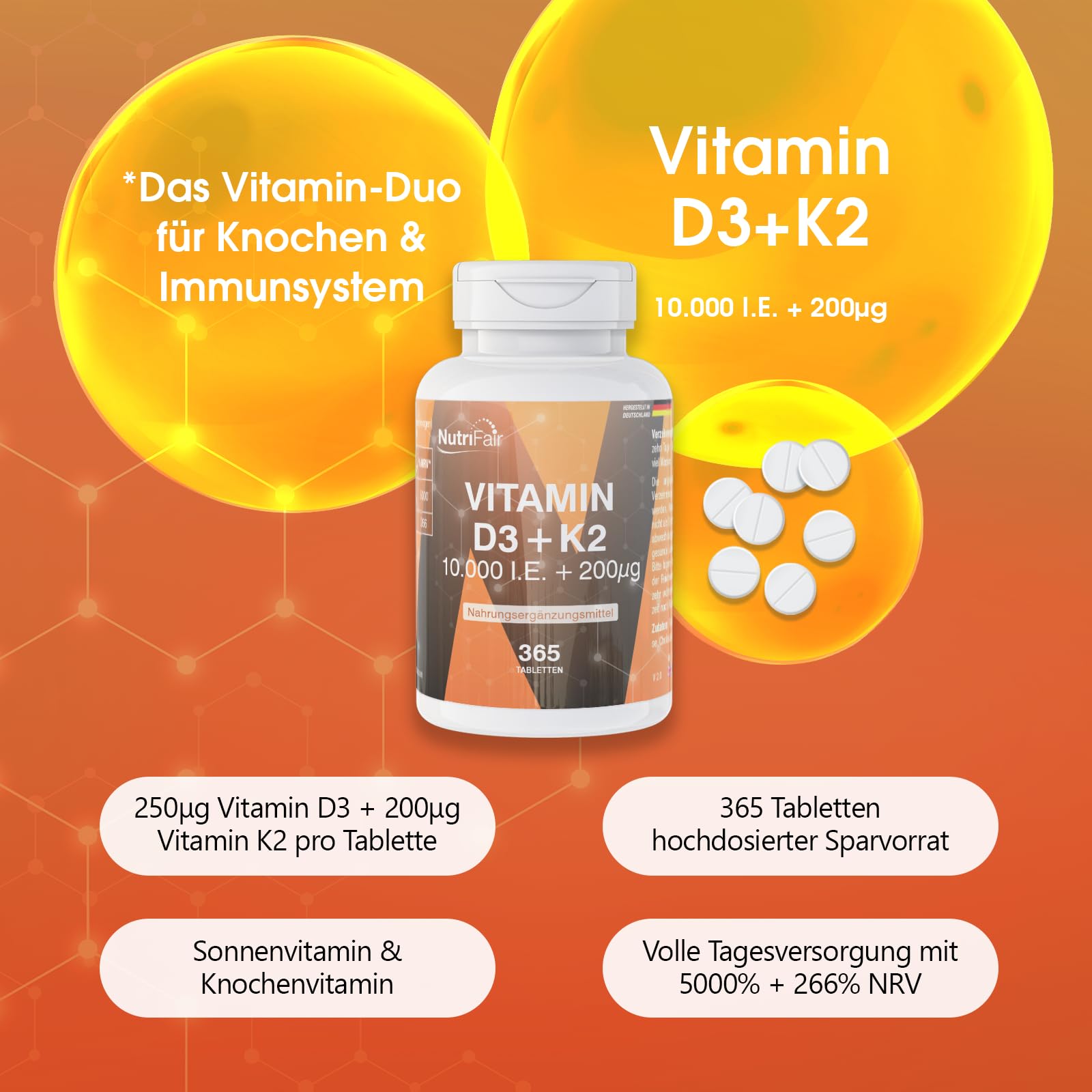 Vitamin D3 + K2, 365 Tabletten, schluckfreundlich, 10.000 I.E. + 200μg, Hochdosiert, Deutsche Produktion & Laborprüfung