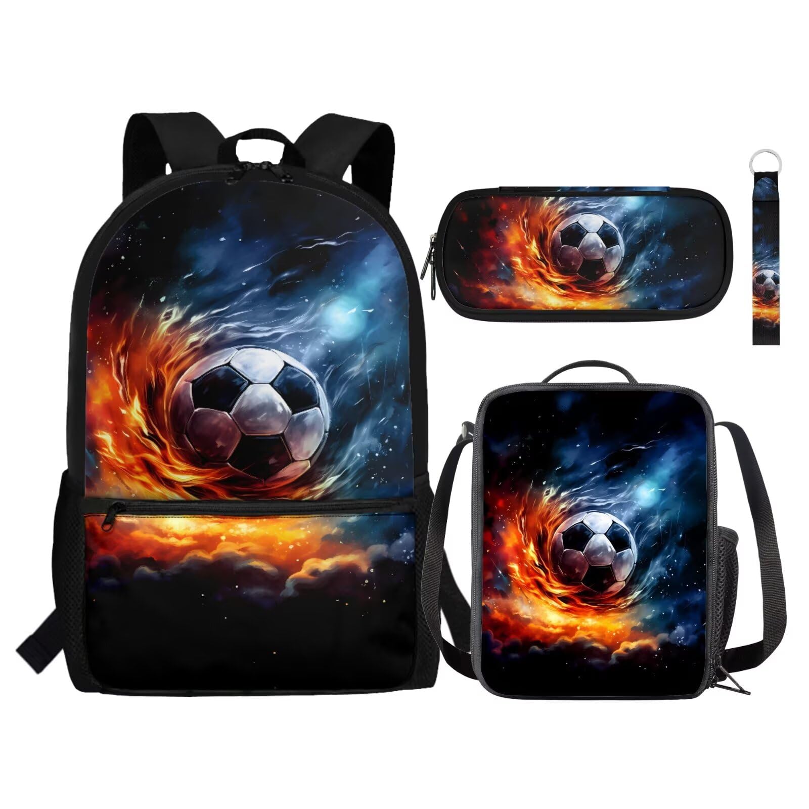 Renewold Zaino per ragazzi 10-12 palla stampa 17 pollici scuola media set con lunchbox & matita sacchetto & portachiavi, Pallone da calcio