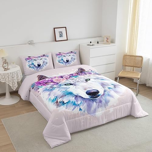 Miniatura 3 de Juego de ropa de cama de lobo con diseño de animales de safari con ojos verdes, juego de edredón de teñido anudado para niñas, edredón de plumas de