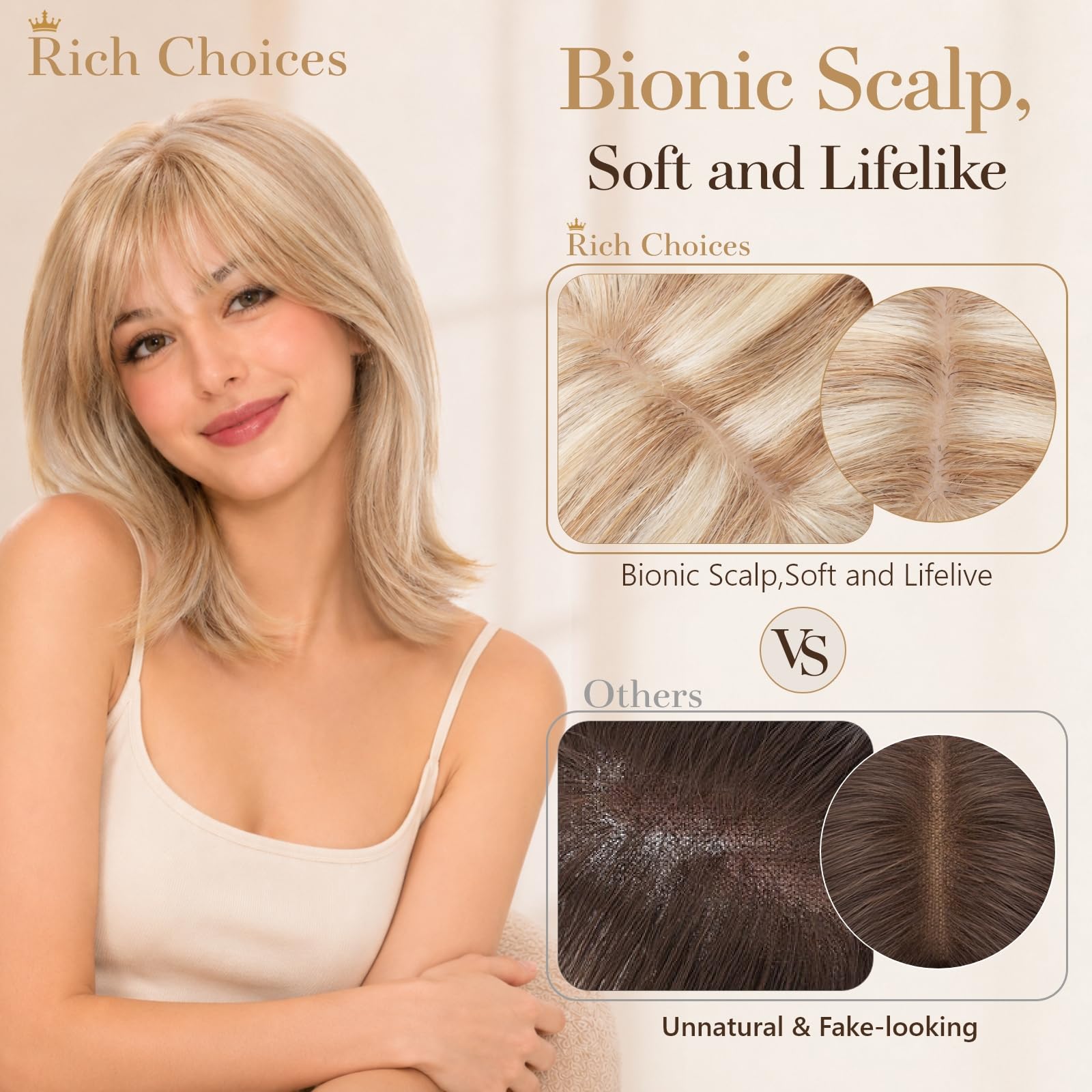 Rich Choices Clip in Pony Haarteile Echthaar für Damen 360°3D‑Abdeckung Haartopper Remy Human Hair Topper Echthaar Oberkopf Haarteile mit Pony 40cm #12/613 Sandblond mit Platinblond