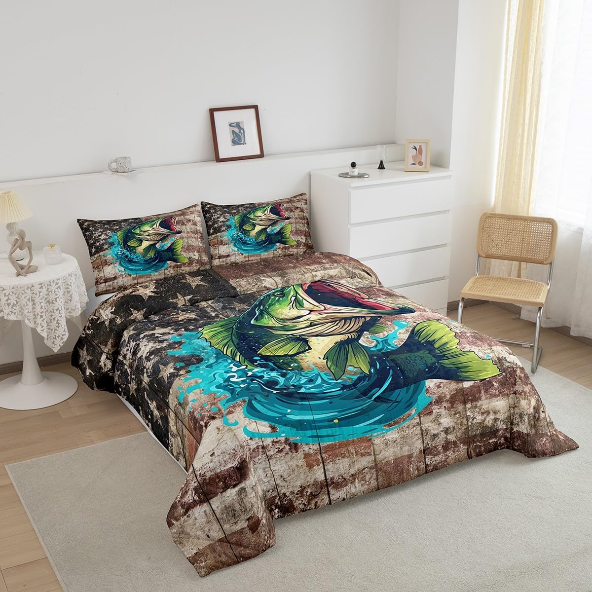Feelyou Pike Fish Bedding Set Fishing and Hunting Comforter Set for Kids Boys Girls Teens Room Decor American Flag Comforter King Size Bass Big Fish Duvet Set 3Pcs
