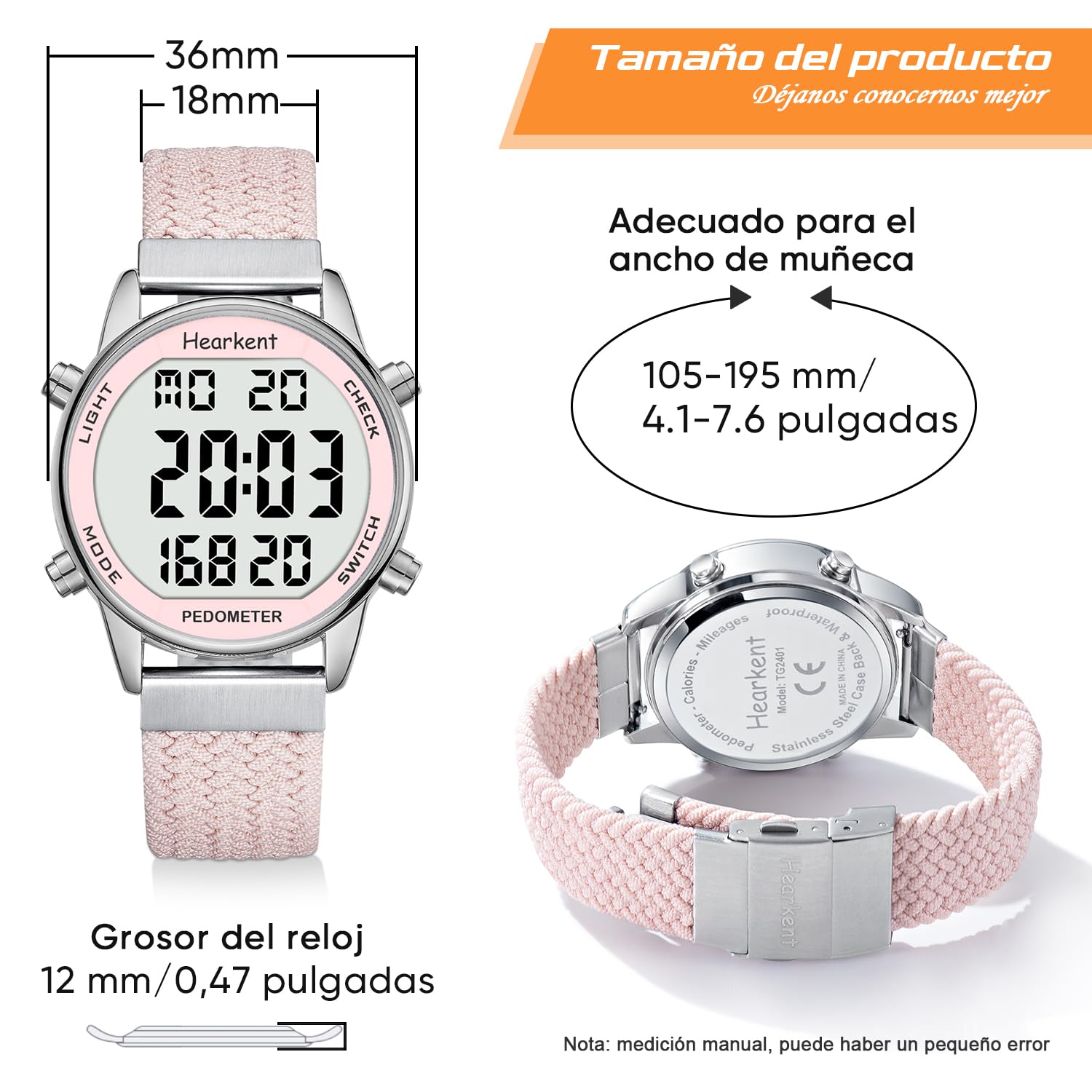Hearkent Montre podomètre pour femme, enregistrement de calories et distance, rose, Minimalist | Montre de sport numérique, alarme, compte à rebours, affichage de l'heure, sans charge ni application, 2401