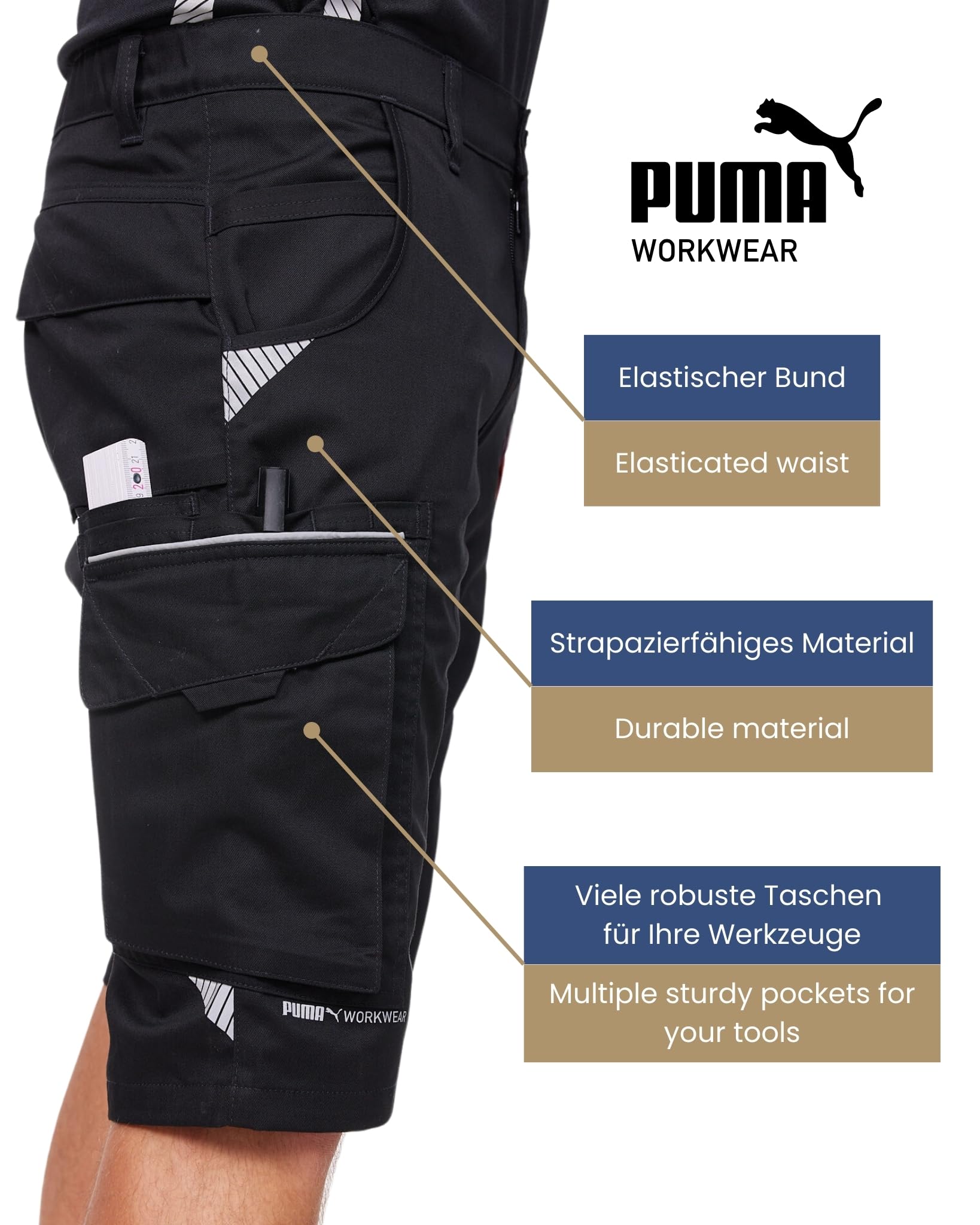 PUMA Workwear Precision X Short de Travail pour Hommes, Nombreuses Poches & Réflecteurs - Idéal pour Les Artisans, Les ouvriers de Production et de Construction