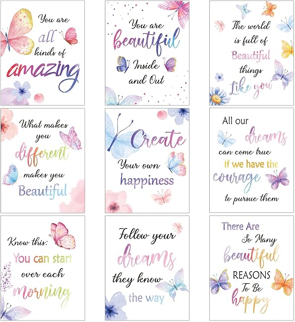 9 Set Watercolor Butterfly Inspirational Quote Wall Poster Prints 8 x 10 Inch Butterfly Motivational Saying Girls Room Decor Butterfly Pictures Wall Decor Butterfly Wall Decals with 30 Glue Point Dots
