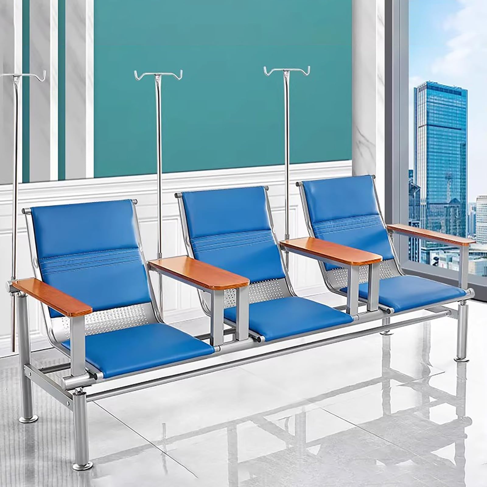 Waiting Room Chairs,Premium Phlebotomy Chair with Armrests, Comfortable Leather Infusion Chair, 2-Seat Waiting Room Bench with IV Pole, Ideal Reception Seating for Lobbi(A-blub2-wooden Armrest)