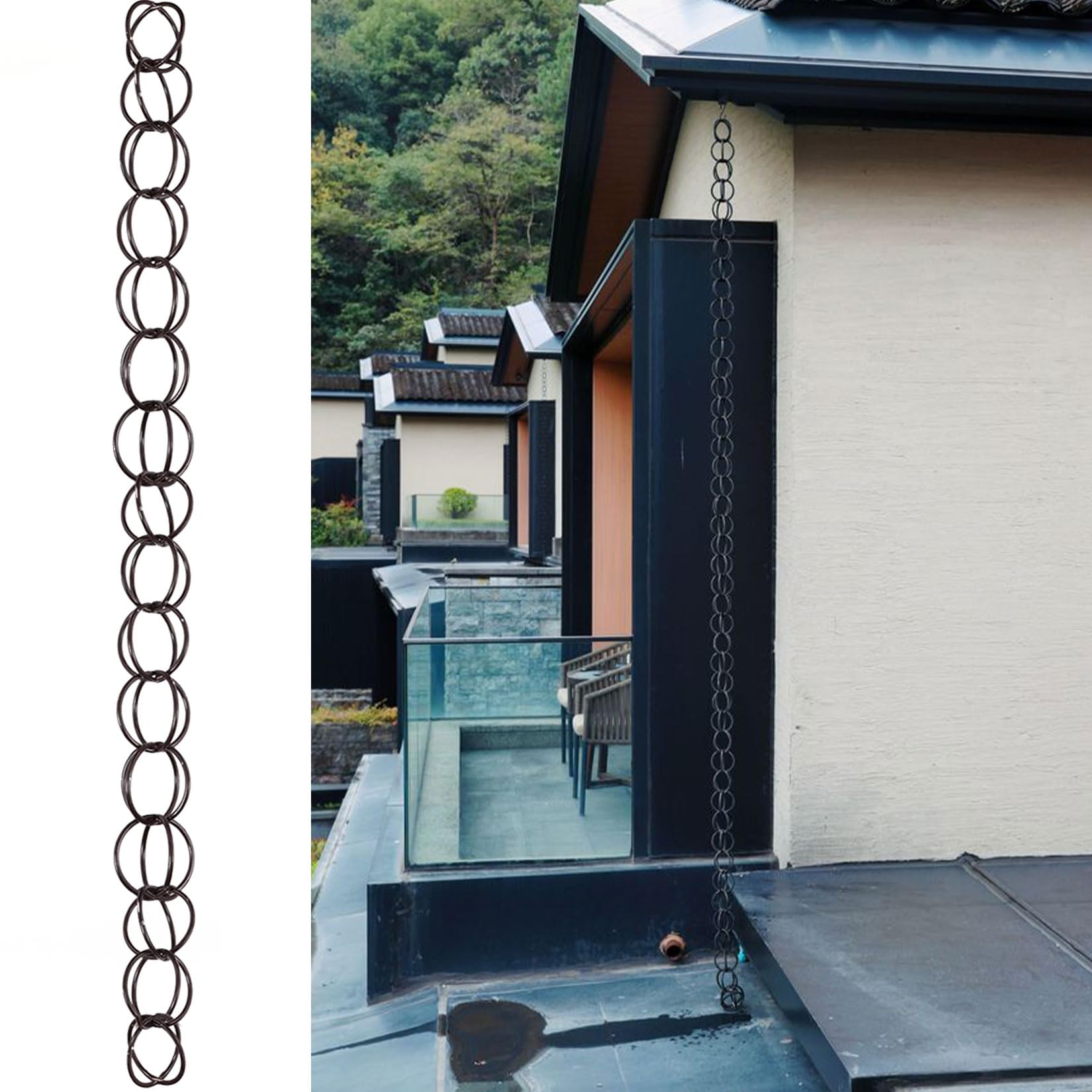 WEKONUMEX Rain Chains for Gutters, Double Ring Rain Chain Collector, Aluminum, 16Rings/M, Dark Brown/Black, 1-10m(Dark brown,1.8m(6ft))