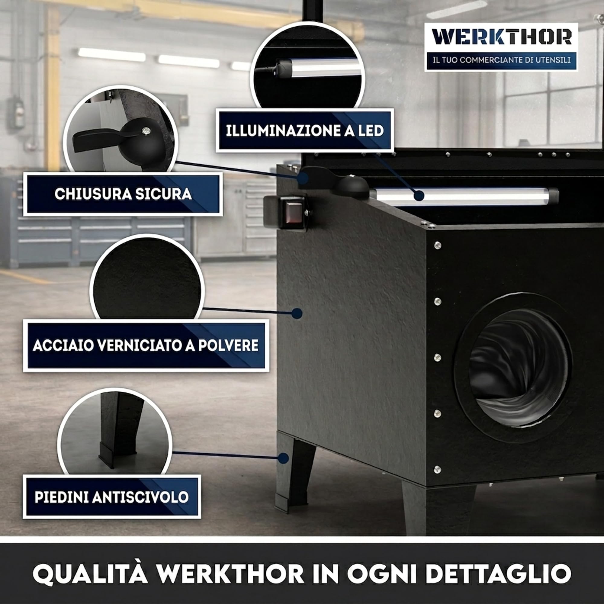 Werkthor Cabina sabbiatrice 94,8 litri – sabbiatrice per legno e metallo con pistola a getto e 4 ugelli in ceramica – sabbiatrice per trattamento – 25 galloni