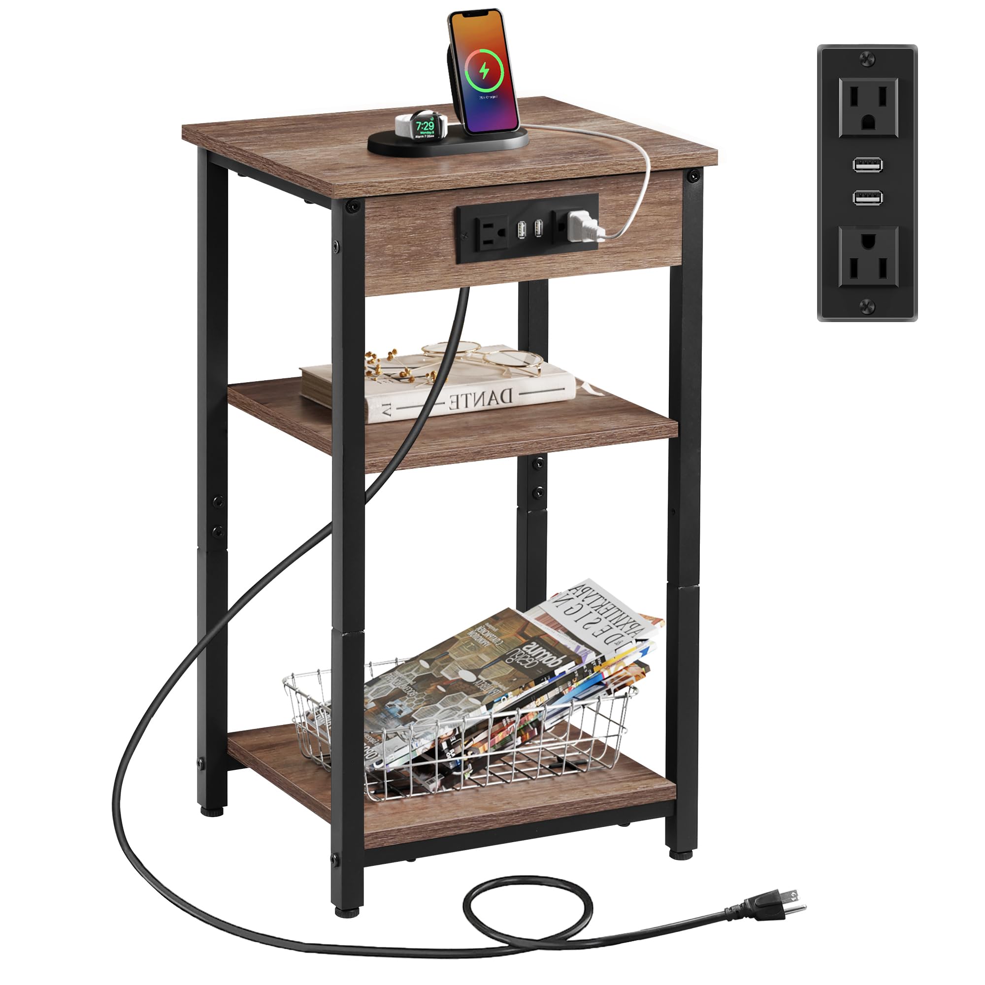 WLIVE End Table with Charging Station and USB Ports, 3-Tier Side Table with Adjustable Shelf, Side Table with Outlet for Small Spaces, Living Room, Bedroom, Brown