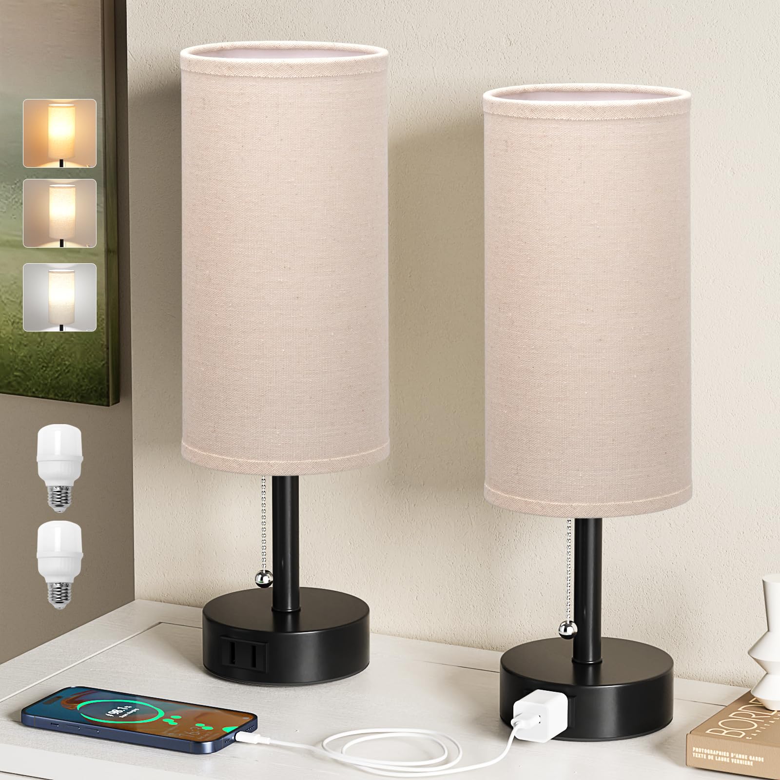 Beige Bedside Table Lamps Set of 2 - Bedroom Lamp for Desk, AC Outlet