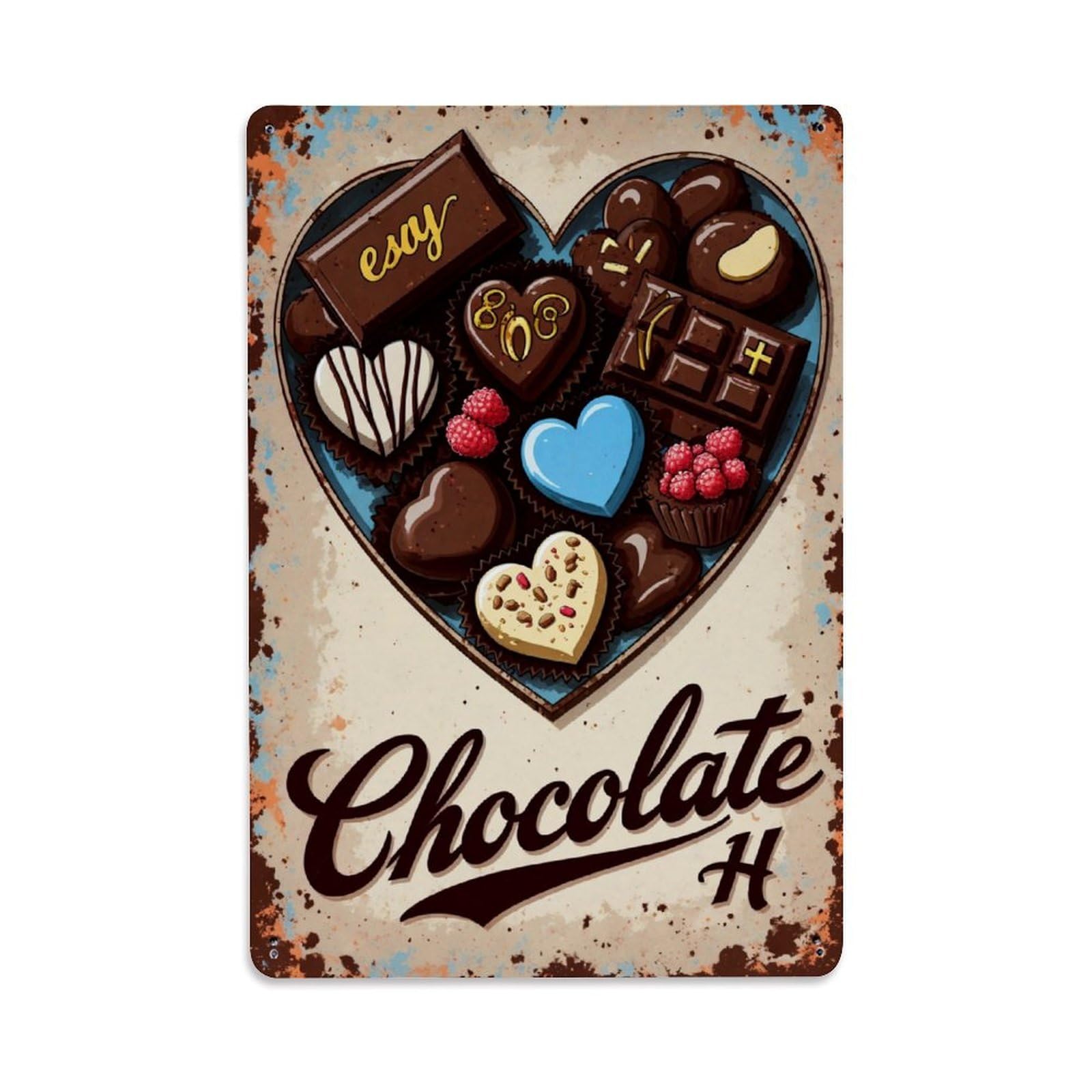Heart Shaped Chocolate Assortment Box Vintage Tin Sign Retro Metal Wall Decor Metal Poster, Home Bar Garage Farmhouse Cafe Wall Art Decoration 8x12Inches