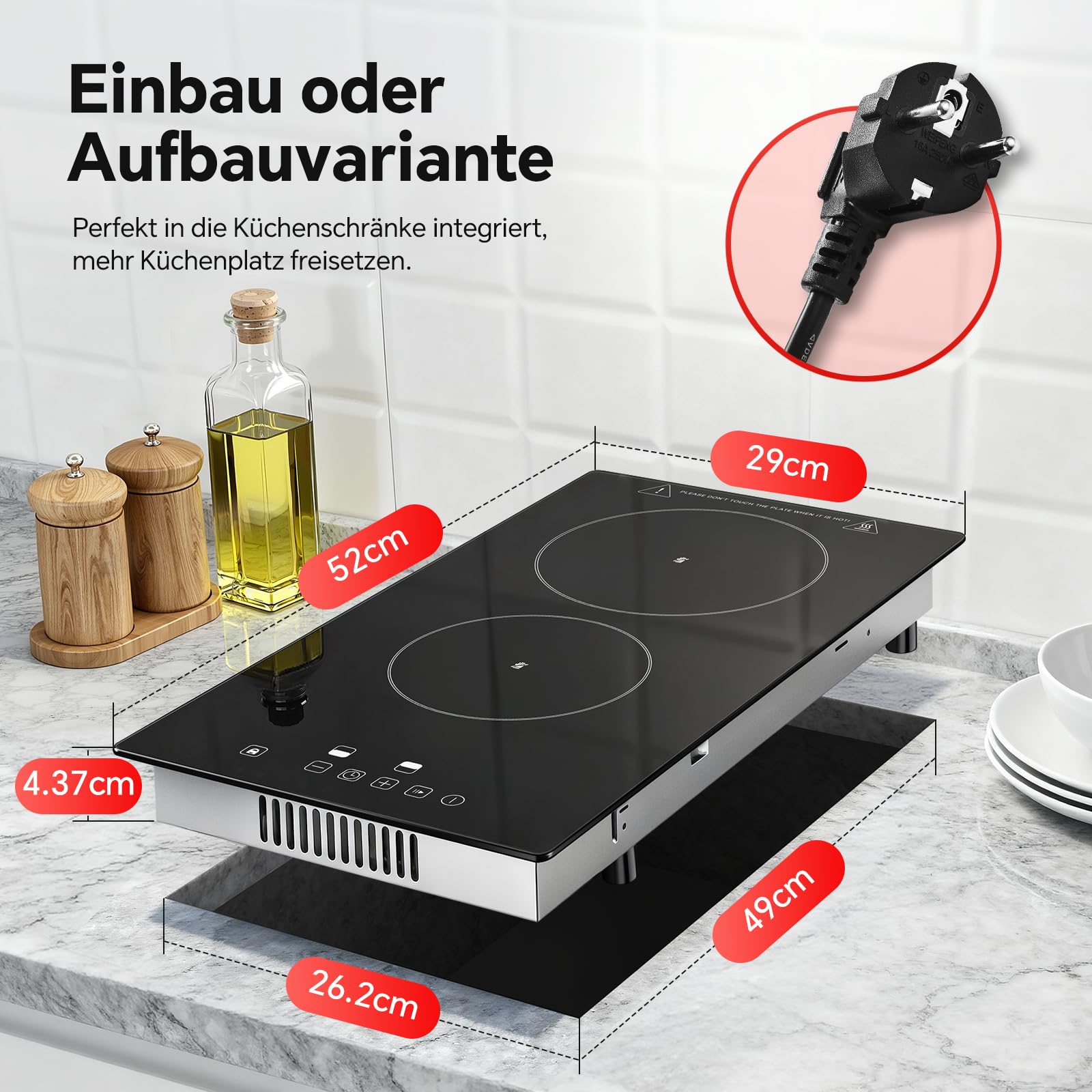 SNDOAS Glaskeramikkochfeld 2 Platten 3000W 9 Leistungsstufen Touch-Steuerung Timer Kindersicherung Schwarz