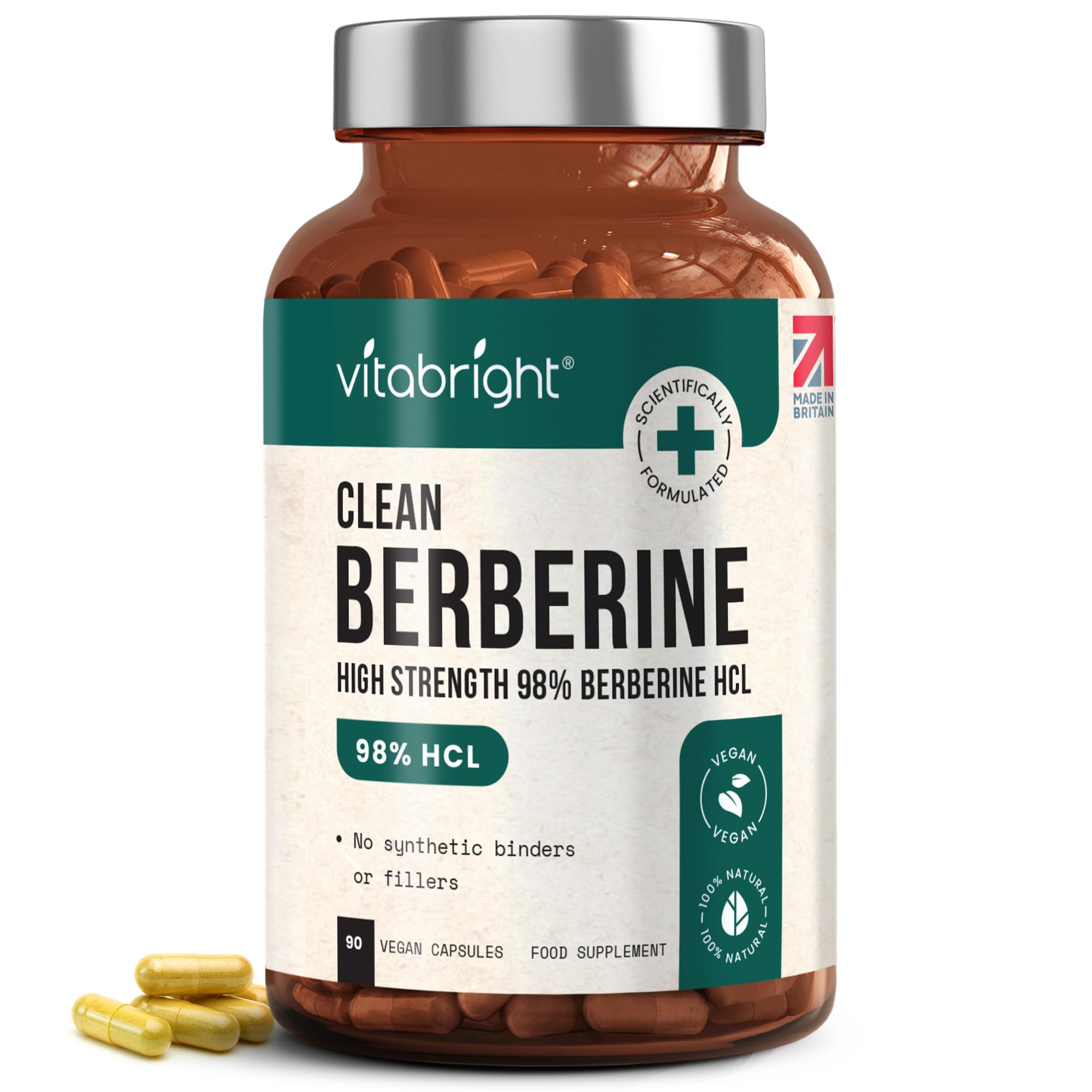 VitaBright Berberine Supplement 500mg Capsules x 90 | 98% Pure Berberine HCL | Clean High Strength Berbarine