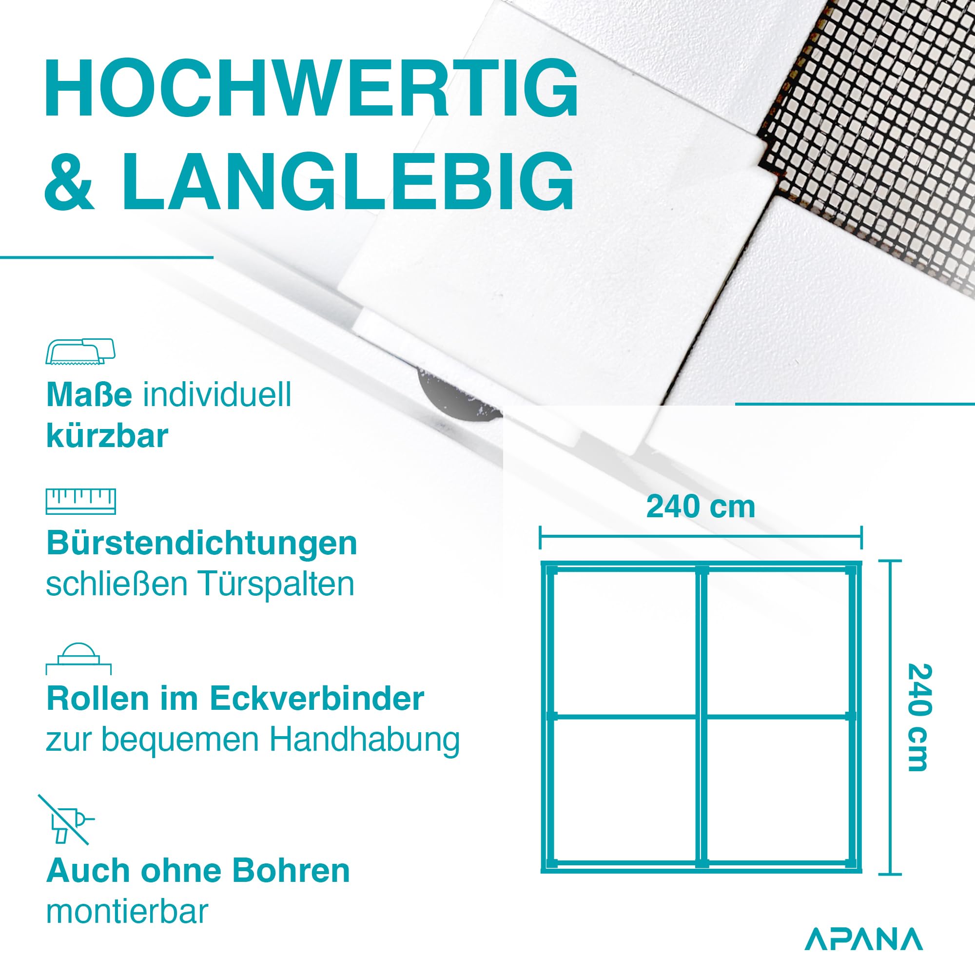 APANA Fliegengitter Schiebetür 240x240 cm – Insektenschutz Balkontür & Terrassentür ohne Bohren, zuschneidbar für Doppeltür, Aluminium Rahmen & Fiberglas Gewebe, stabil & langlebig Braun