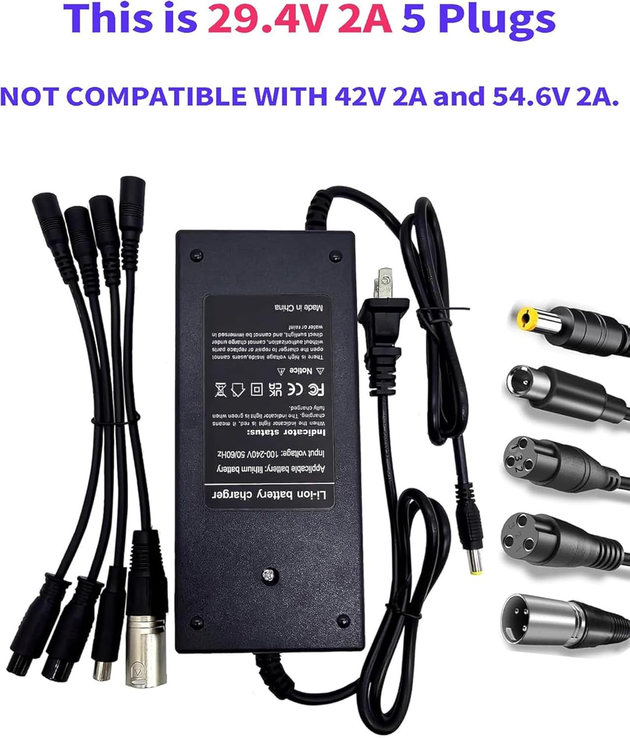 (5 Plugs) 29.4V 2A Fast Battery Charger Universal for 24V 25.2V 25.9V Lithium Battery Electric Scooter Replacement Charger - 5 in1 Plugs