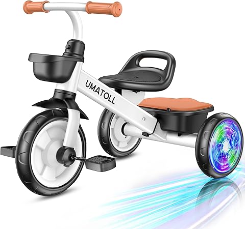 Umatoll Tricycle for Toddlers 2-5 Year Old, Ajustable Toddler Bike Outdoor Toys, Birthday Gift for Boy Girl Age 2-4, Trike with Light up Wheels