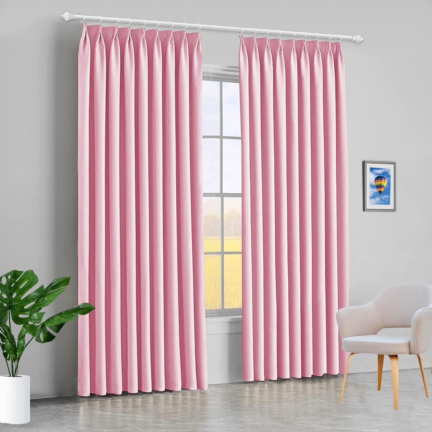 Room Darkening Blackout Double Pinch Pleat Window Curtains with Hooks and Tie Back (Baby Pink, 52 Inch by 72 Inch- 1 Panel)