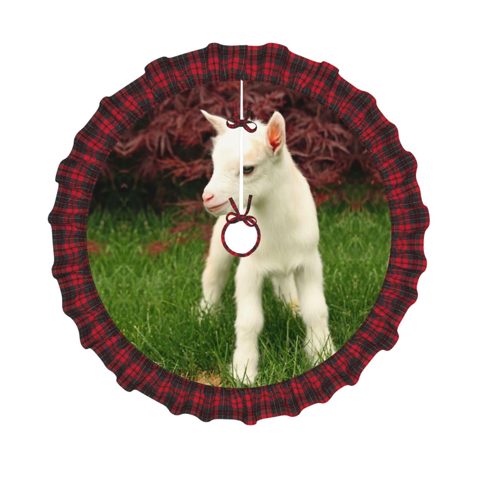 Jupe de sapin de Noël lin rustique imprimé chèvre tapis arbre bordure pompon