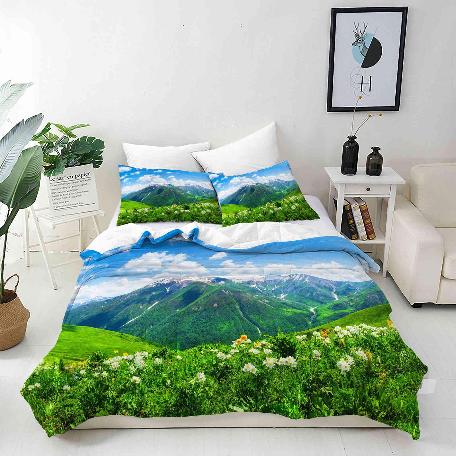 ANHOPE Custom Bedding Set Personalised Size Duvet Cover & Pillowcase Nature Landscape Bright Mountain Blue Sky Printed Pattern Customized Quilt Cover for Kids Couple Family Birthday Wedding