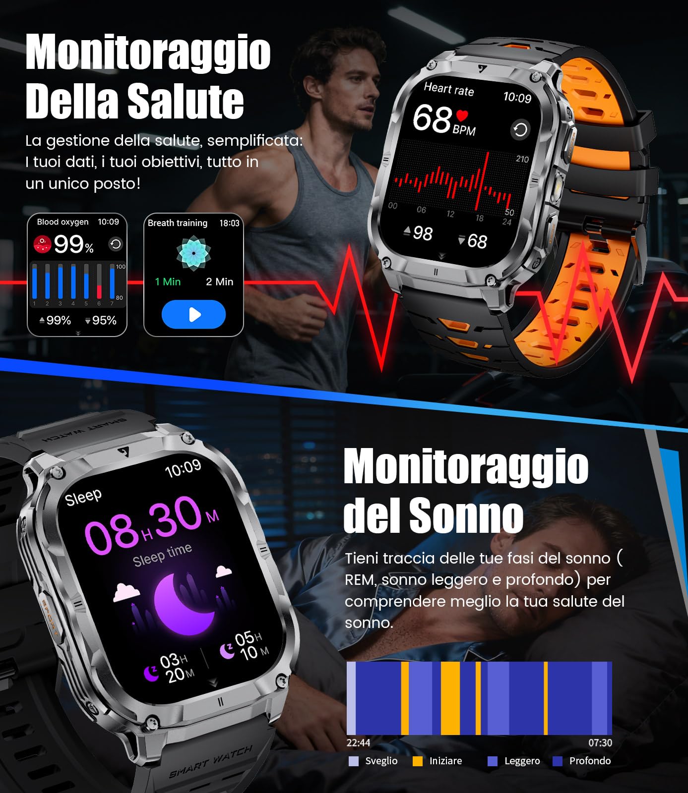 BENYAR SMART Smartwatch Uomo Militare 2.0" con Chiamate Bluetooth, 1000mAh, Torcia LED, 100+ Modalità Sportive, Monitoraggio della salute, IP68 Impermeabile, 3 Cinturini per Android iOS, Silicone