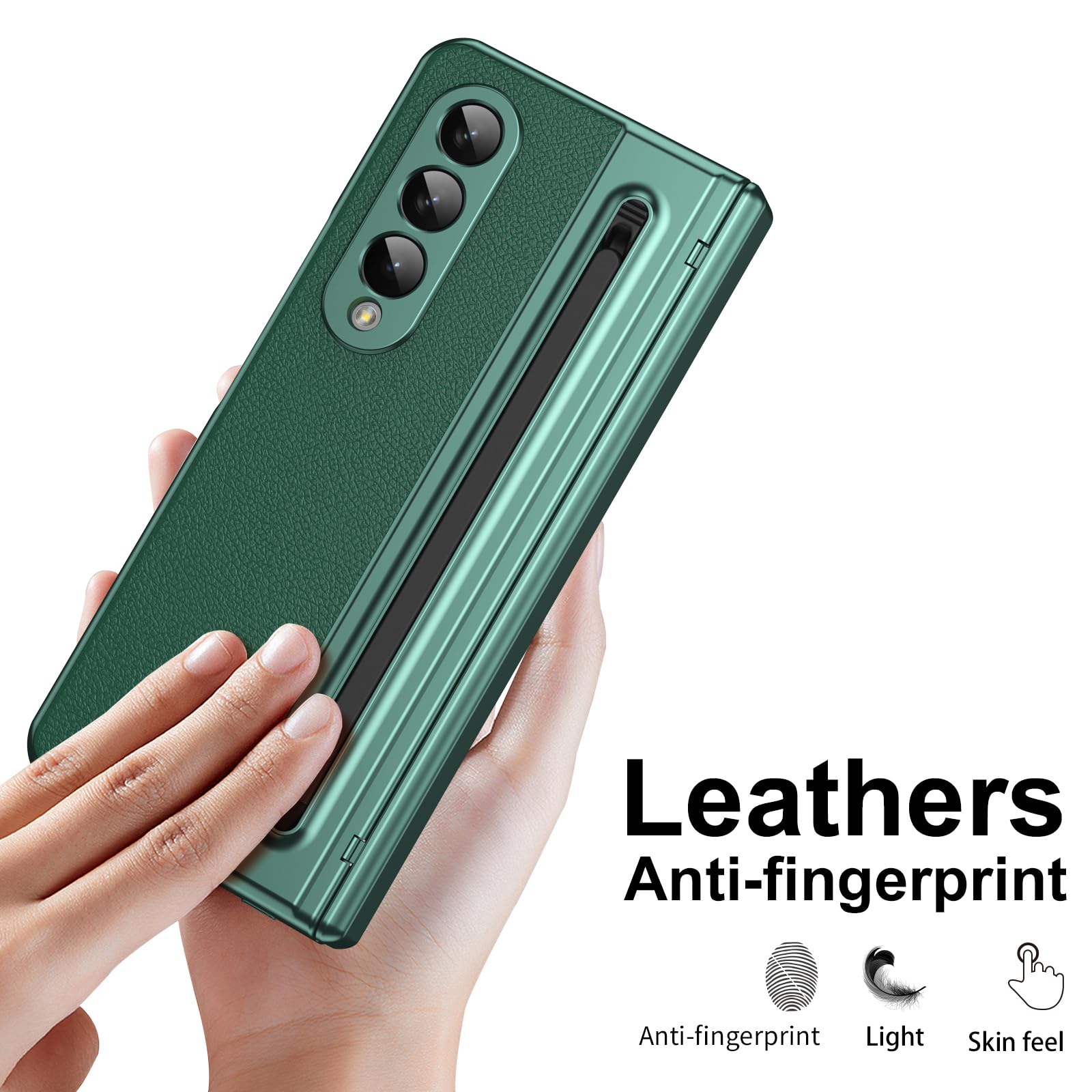 per Galaxy Z Fold4 Custodia con Penna e Slot per Penna, Pellicola Protettiva in Vetro Temperato + Protezione Cerniera Cover in Pelle per Samsung Galaxy Z Fold4-Verde