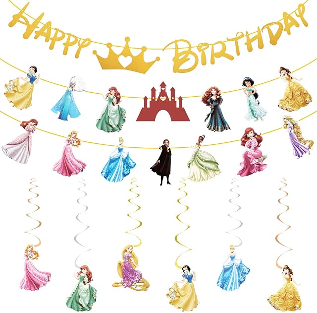 9PCS Cartoon Princess Birthday Decoration, Princesses Bunting Garland and Hanging Decoration, Happy Birthday Banner Decorations, Princess Theme Birthday Party Decoration for Kids Birthday Party