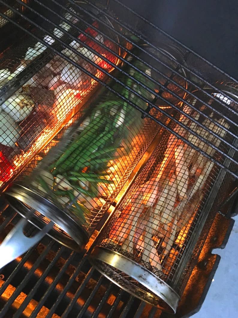 2Stück Rolling Grillkorb Zylindrischer Grillkorb Edelstahl mit Grillgabel, BBQ Grillrolle Grill Korb Grill Rack Grillen von Gemüse, Fisch, Fleisch Grillkorb Zylinder (2Stück, L (30CM))
