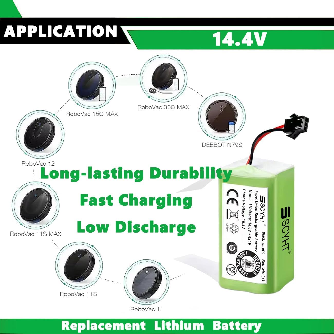 Rechargeable Battery 14.8V 2600mAh 3500mAh 6800mAh 3000mAh Replacement Batteries 14.8V Lithium Battery for Vacuum Cleaner with SM-2P Port for 35W - 100.64W Motor Kit,14.8v2600mah